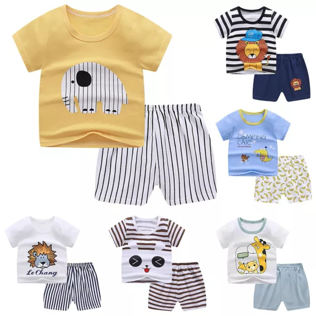 Toddler Child Baby Boys Girls Short Sleeve Cartoon Tops Shirt+Pants Outfits Set