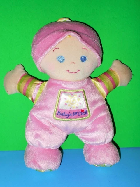 Fisher Price Baby First Doll Blonde Hair Pink Plush Stuffed Rattle Doll 2008 10"
