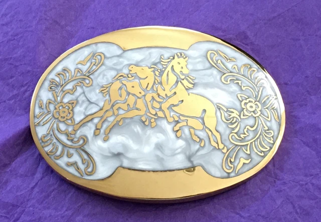 Beautiful Vintage Pearled White Resin Gold Plated Horse Herd Western Belt Buckle