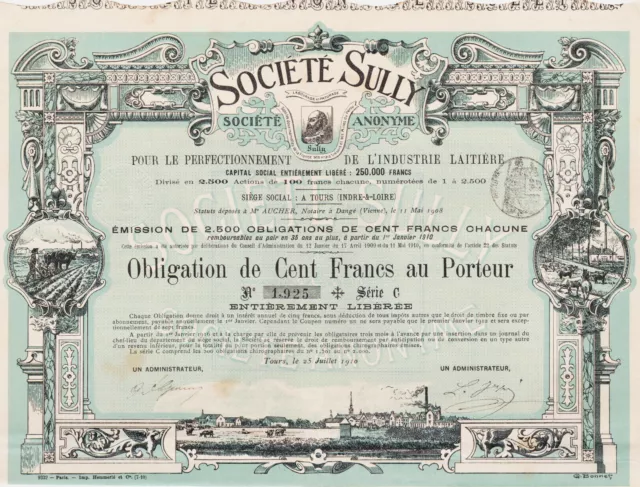 SOCIETE SULLY - OBLIGATION DE 100 FRANCS 1910 - FRANCE TOURS - 2500ex