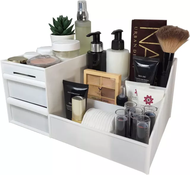 Organizer trucchi in plastica con contenitori per cosmetici,  cassettini. Bianco