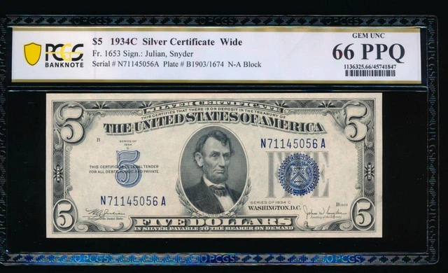 AC 1934C $5 Silver Certificate PCGS 66 PPQ N-A block Wide Face Fr 1653