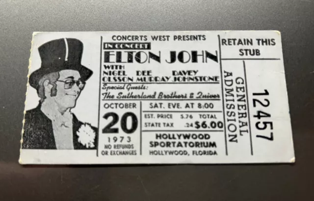 October 20, 1973 ELTON JOHN Concert Ticket Stub HOLLYWOOD SPORTATORIUM FLORIDA