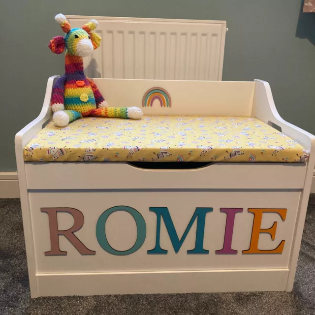 Personalised wooden toy box with name & seat cushion - ANY COLOUR, FABRIC & NAME