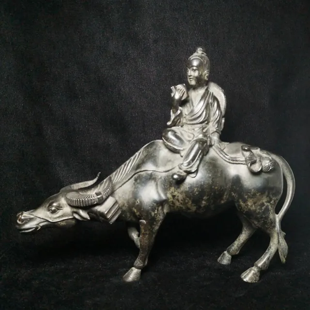 L 9.8 inch Old Chinese Bronze Carving Boy Sitting Cow Statue Fengshui Decoration