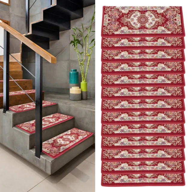 Set of 13 Non-Slip Washable Stair Treads Carpet Mats Polyester Self-Adhesive Red