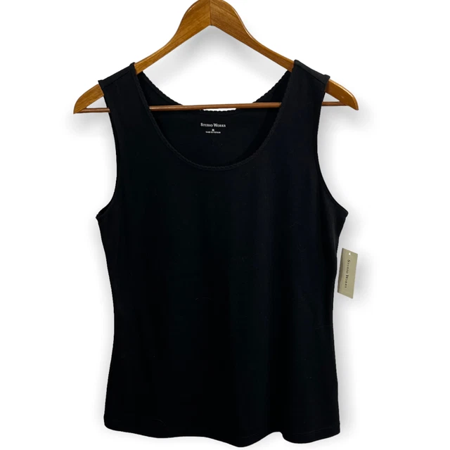 Studio Works Tank Top Womens Size Medium Black Jersey Cotton Knit Stretch NEW