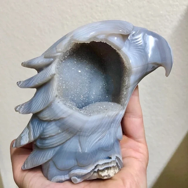Rare 4.6” Large Carved Agate w/ Quartz Crystal Geode Eagle Head Carving