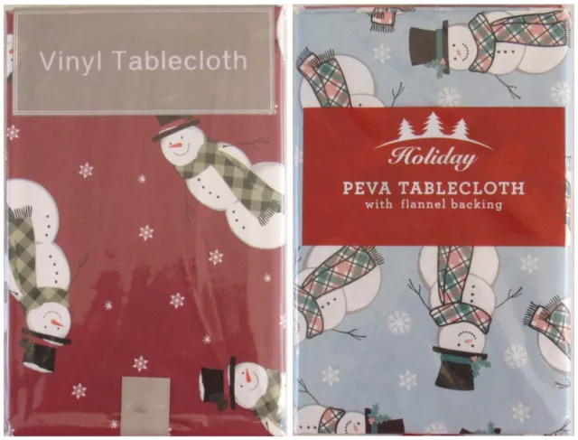 Snowmen in Plaid Scarves Amid Snowflakes Vinyl Tablecloth Var Sizes/Colors