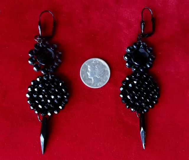 Pair of Antique Victorian 3 1/2-Inch French Jet (black glass) Earrings 3