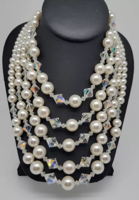 Vintage Five Strand Glass Pearl And Glass Ab Crystal Bead Adjustable Necklace **