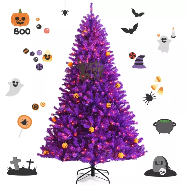 7 FT Pre-lit Purple Artificial Christmas Halloween Tree w/ Mini Pumpkins