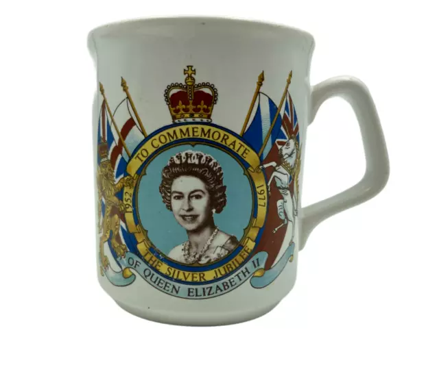 Queen Elizabeth II Silver Jubilee Commemorative Mug Crown Flags Lion Unicorn