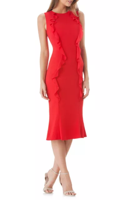 NEW Carmen Marc Valvo Vertical Ruffle Crepe Sheath Dress in Red - Size 8 #D2508