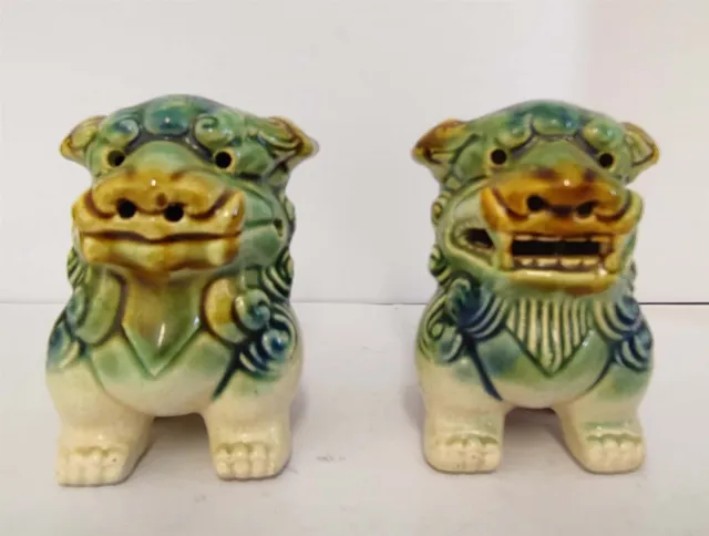 Pair Of Chinese Foo Dog Glazed Pottery Ceramic Figurines (6x10x10cm)
