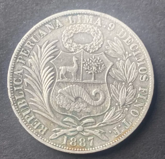 Peru Sol Crown Silver Coin 1887 XF