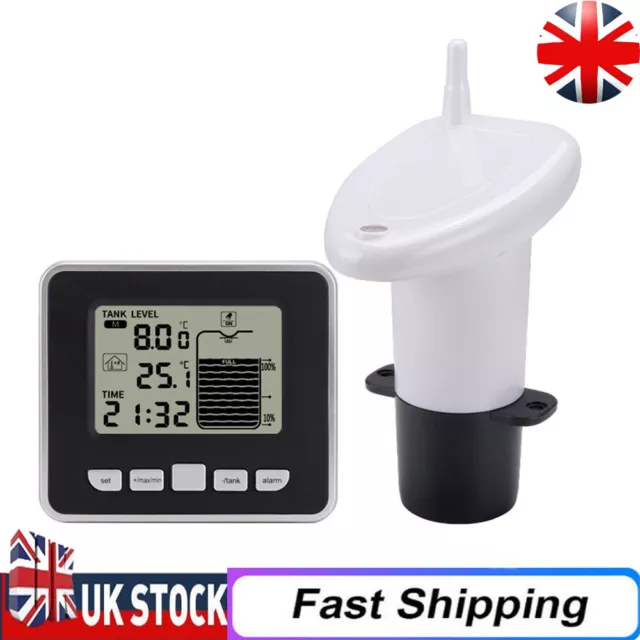 FT002 Ultrasonic Water Tank Liquid Level Meter Temperature Clock Gauge Alarm UK