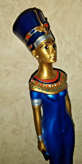 Blue & Gold Finish 12" Egyptian Pharaoh Queen Nefertiti Statue Bookend Antique