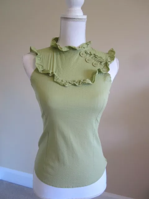 Womens Light Green Sleeveless Fitted Ruffle Top Blouse Size Small