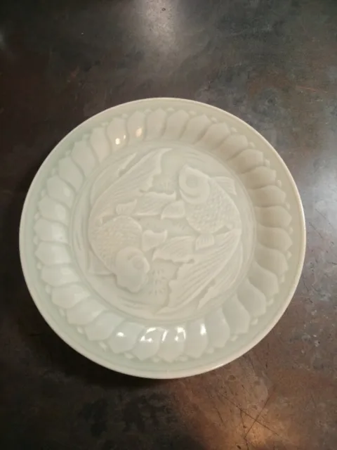 Vintage Celadon Double Koi Fish 7in Plate Flaw on Back Green Mint