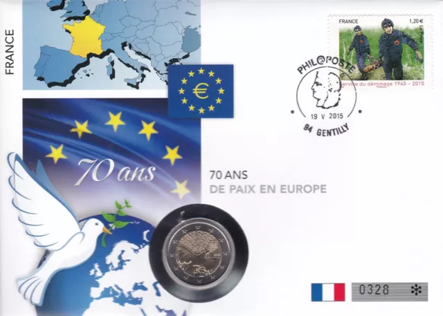 Numisbrief Frankreich 2015 "70 JAHRE FRIEDEN IN EUROPA" 2 Euro - Unc.