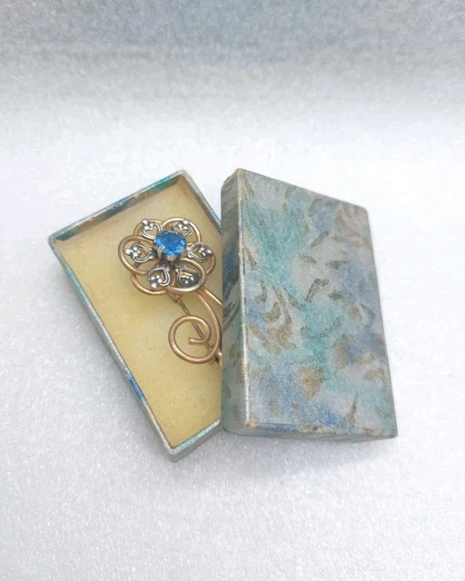 Broche Branche Fleurs – Métal Argenté & Pierre Bleue – Déco Vintage – Neuf Sans Emballage