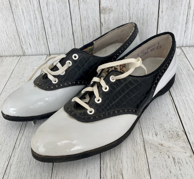 Vintage Youth Girls Shoes Size 5AA White and Black Saddle Shoes NOS 1950's-60's