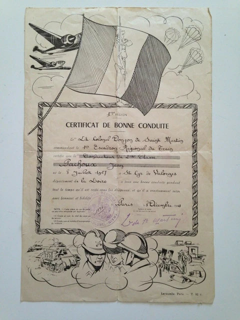 Certificat De Bonne Conduite Militaire - 8ème Régiment D'Infanterie Motorisé - France