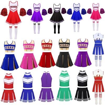 High School Girls Cheer Leader Costume Uniform Outfit Crop Top Skirt Socks Set