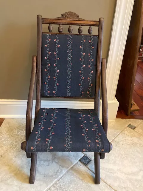 Antique Victorian Eastlake Era Carved Wood & Fabric Folding Chair~Campaign Style