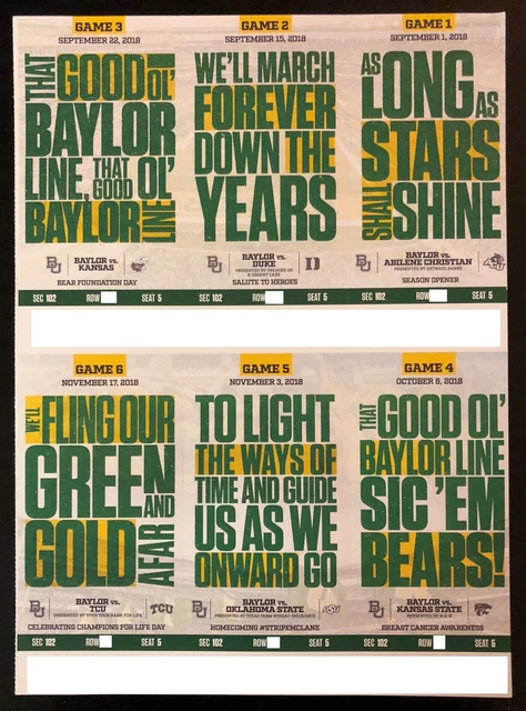 2018 Baylor Bears Football Collectible Ticket Stub - Choose Any Home Game