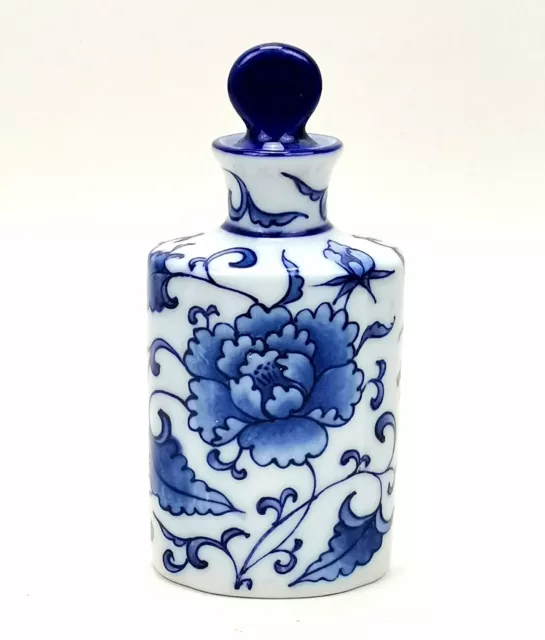 Pier One Asian Flacon Perfume Bottle Blue White Porcelain Floral Design 5" Tall