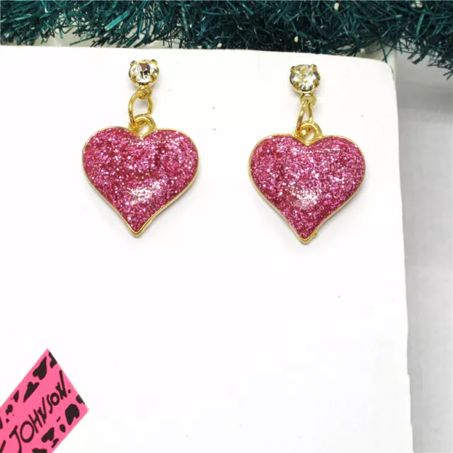 New Pink Enamel Love Bling Heart Crystal Betsey Johnson Women Stand Earrings