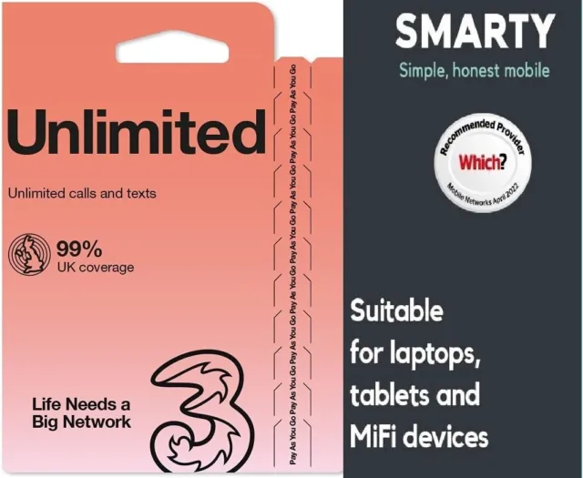 💥Unlimited Data 5G 3 Mobile Broadband Smarty SIM for Dongle Mobiles Hotspot PS4