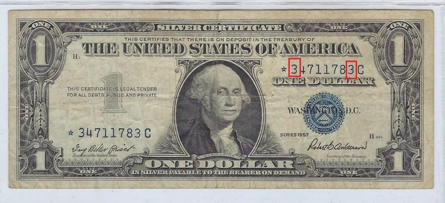 US$1 Silver Certificate 1957 STAR Note Fancy SN  Single Bookend  VF.FN105