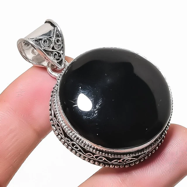 Pendentif Rond En Onyx Noir Naturel - Monture Argent Plaqué - Fait Main En Inde - Longueur 5,3 Cm