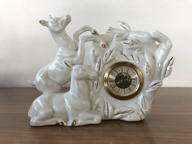 Orologio Vintage Scultura Da Tavolo In Porcellana Anni 60 Decori Dorati