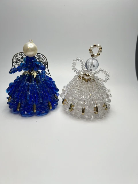 Vtg Pair Of Angel Handmade Beaded Safety Pin Ornaments 1 Blue & 1 Clear
