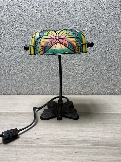 VTG Desk Lamp Banker Tiffany Style Butterfly Stained Glass Metal Base Electric