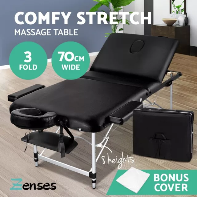 Zenses Massage Table 70cm Portable 3 Fold Aluminium Beauty Therapy Bed Black