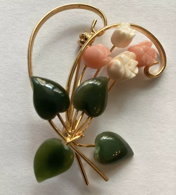 Vintage 1960s Carved Jade, Pink Angel Skin Coral Floral Pin Brooch