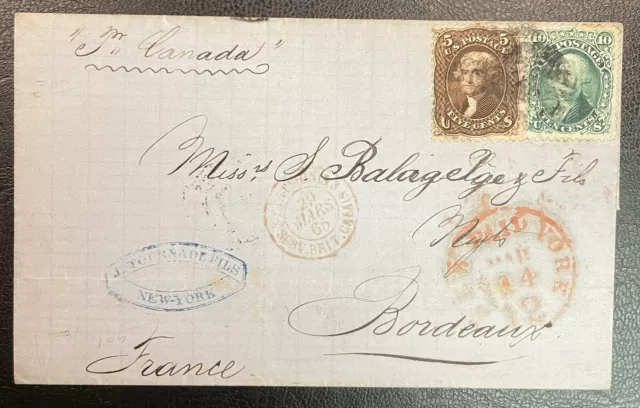 US #68/#76 on cover-“Bordeaux, France 3/29/1865” -$650(41399)