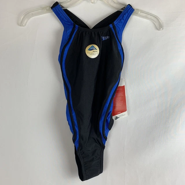 Speedo One Piece XtraLife Girls Youth 10/26 Swimsuit Racing Black Blue NWT