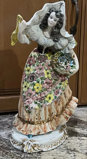 Made In Italy ? Capodimonte ? Woman W/ Flower Basket, Shawl Vntg Statue Figurine