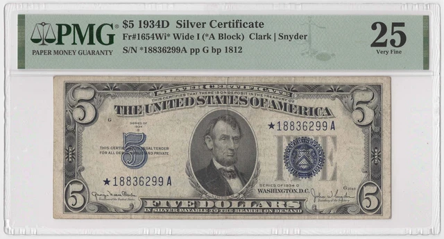 $5 1934D Silver Certificate Star Note FR#1654Wi* PMG VF25 Wide I A Block