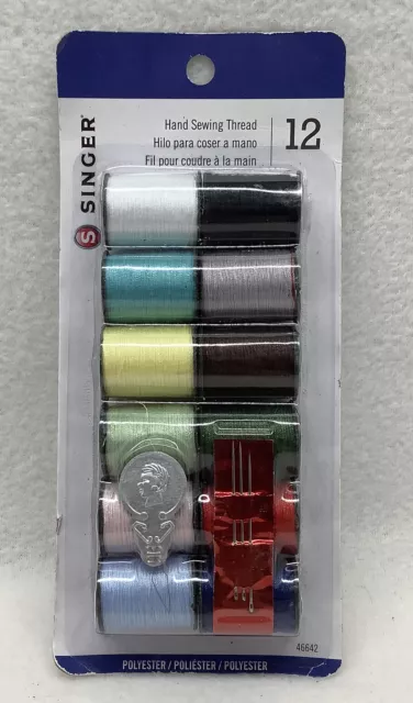 SINGER Polyester Hand Sewing Thread Spools 12 Spools w/Needles & Threader