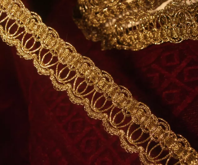 Antique vtg gold metallic brocade swag braid lace trim loops lamp-shade 1-1/8"