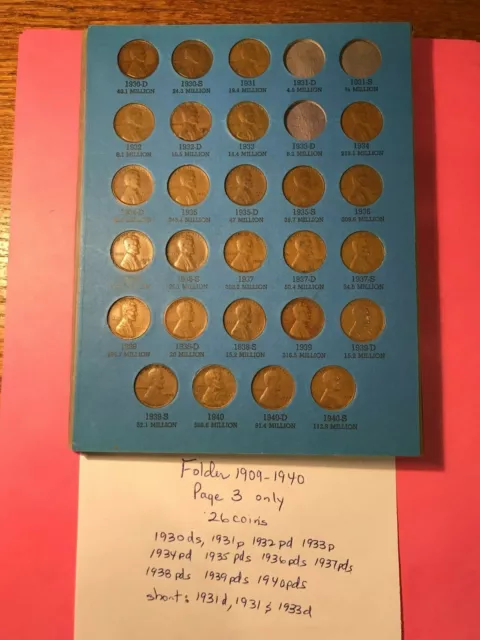 1909 1940 26 coin Page 3 of Whitman 9004 Folder Lincoln Penny 31 32 32D 33 38S