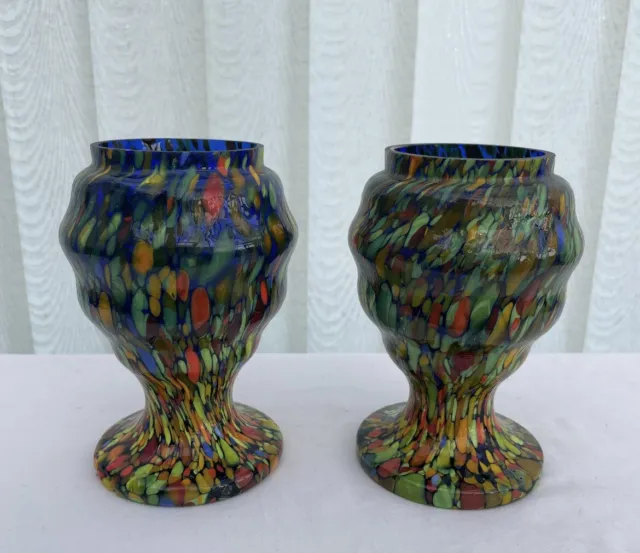 Pair Of Art Deco Bohemian Czech Multicoloured Kralik Spatter  Posy Glass Vases