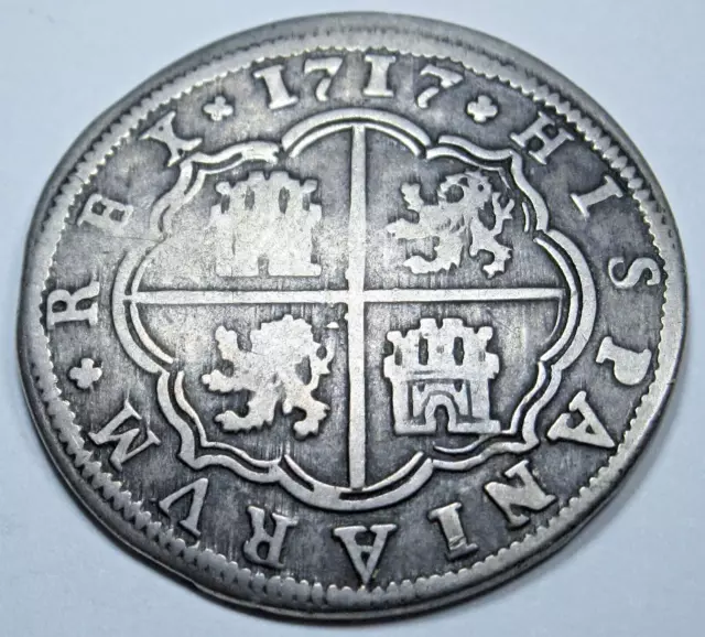 1717 Spanish Silver 2 Reales Genuine 1700's Colonial Cross Pirate Treasure Coin